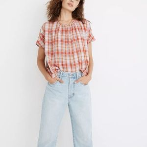 Madewell Plaid Boxy Top Shirred-Neck Size XS Cotton Orange Pink Oversized